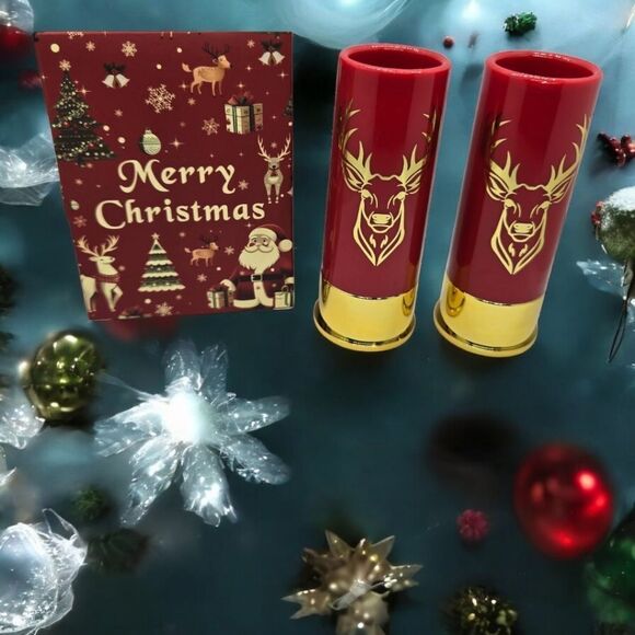 Gift Box Set 12 Gauge Shotgun Shell Red Shot Glasses Gold Deer Novelty Barware - Picture 4 of 13